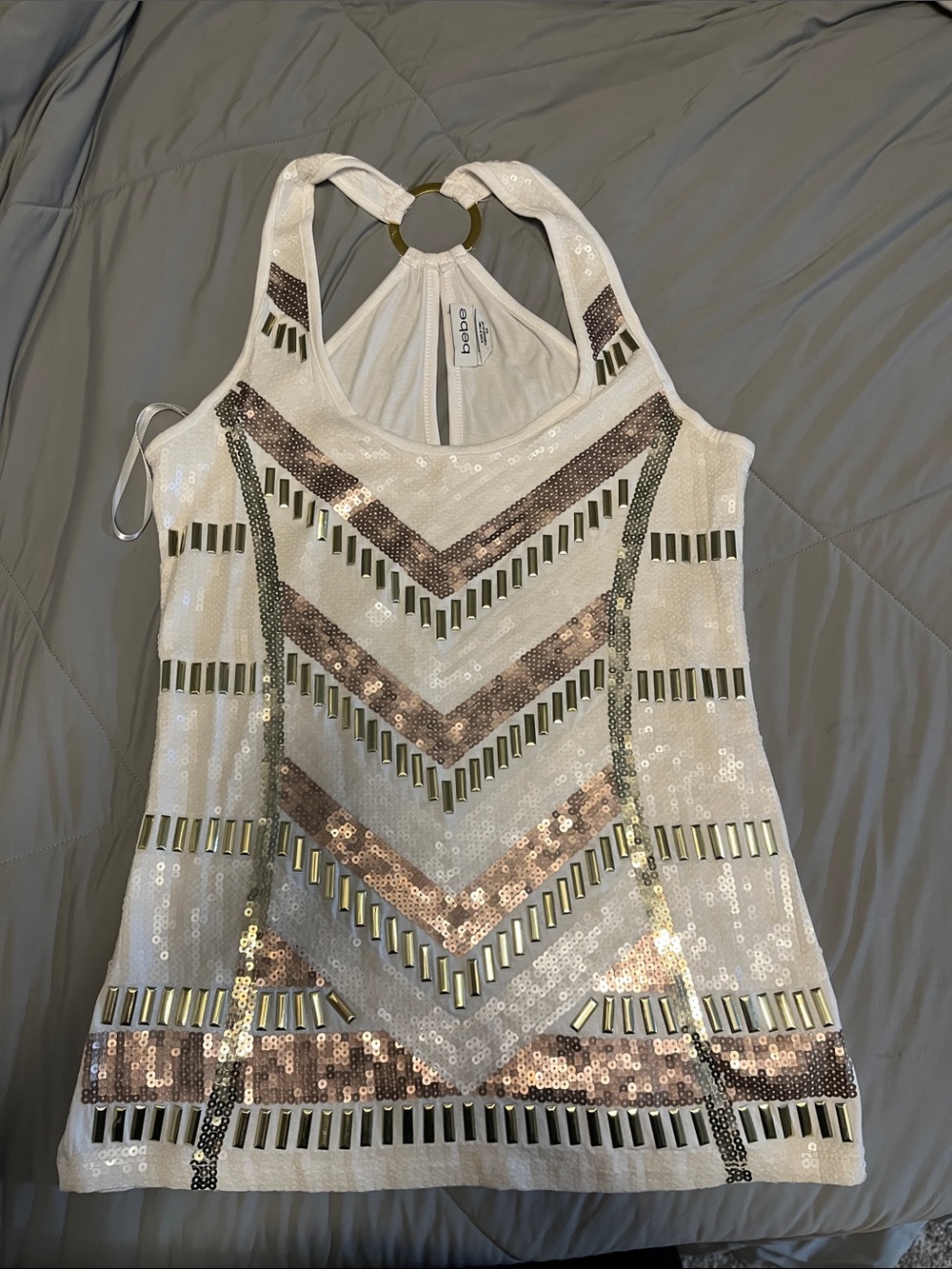 bebe White Halter Top with Gold Ring Detail